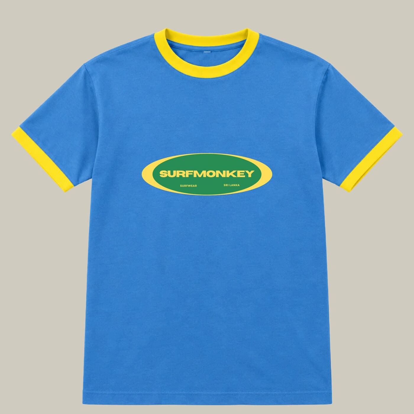 Coastal Abyss Tee in deep blue with yellow ringer trim, front view