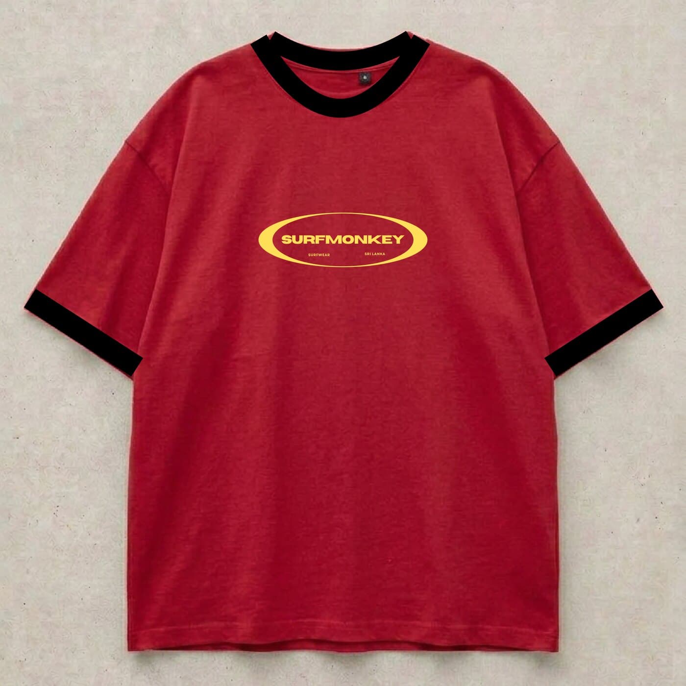 Crimson Dusk Tee in deep crimson with black ringer trim, front view
